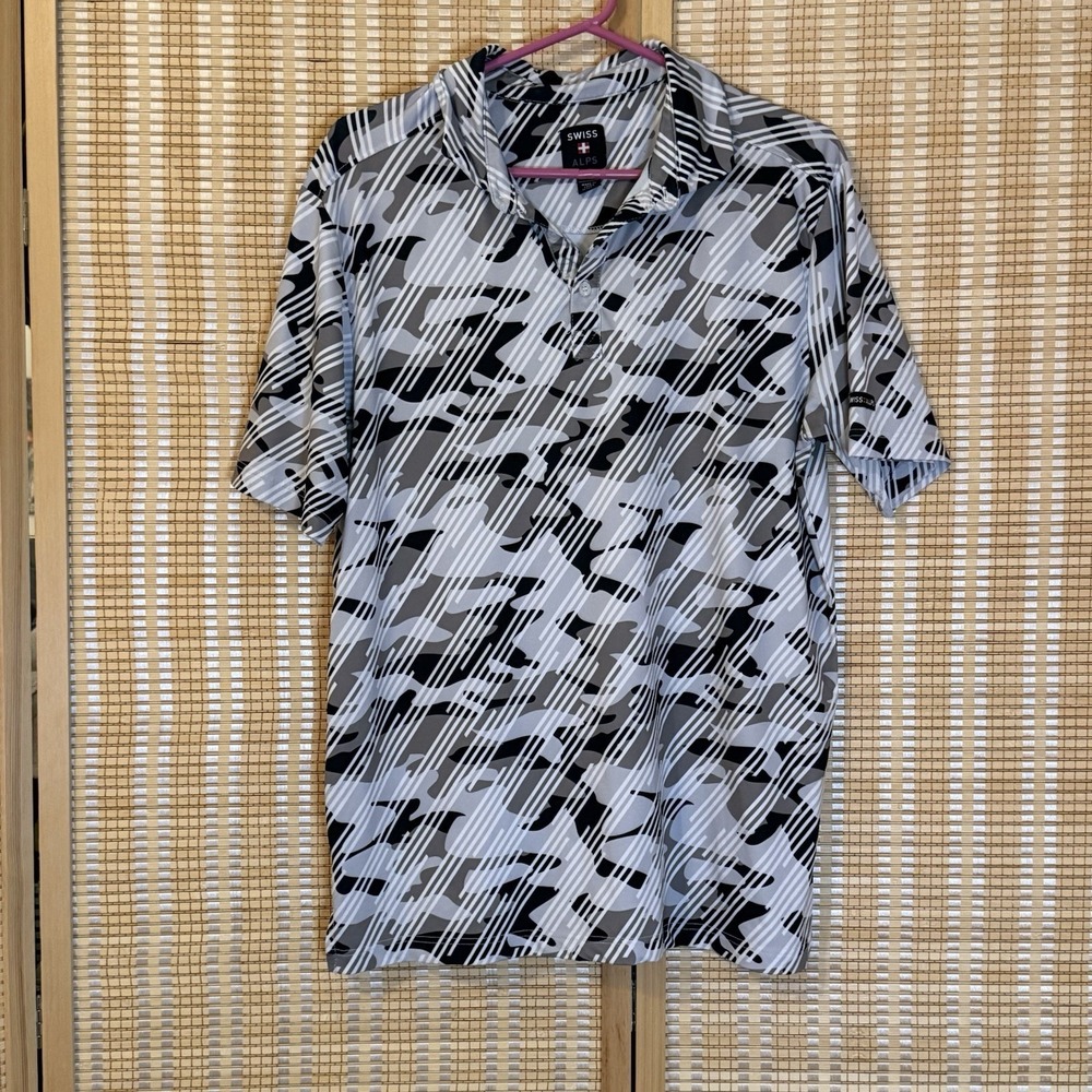 Swiss‎ Alps Golf Performance Polo Shirt Mens M Gray Camo Print Stretch Preppy